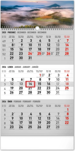 Wandkalender mit Dreimonatsübersicht Landschaft grau 2026 mit tschechischen Namen 29,5 × 43 cm