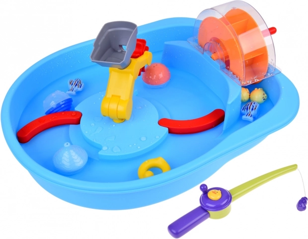 Blauer Wassertisch mit Mühlrad und Angelzubehör