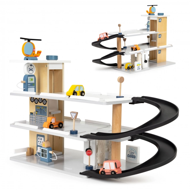 Holzgarage mit Aufzug und Autos ECOTOYS
