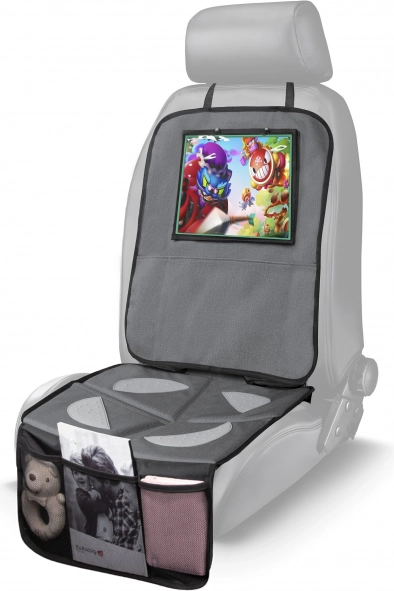 Sitzschutz unter dem Kindersitz mit Tablettasche, abwischbar, Grau