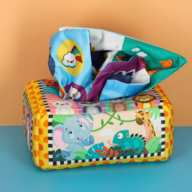 Montessori-Sensorikbox mit bunten Taschentüchern und Tierchen