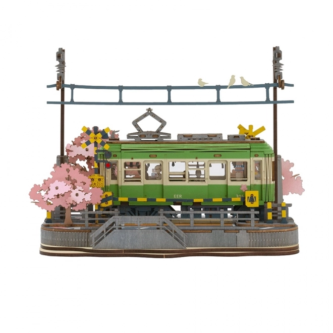 3D Holzpuzzle Japanische Straßenbahn mit Kirschblüten