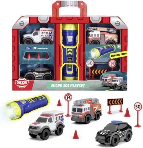 SOS Mikro-Set mit Taschenlampe – Mini Feuerwehr, Polizei und Ambulanz