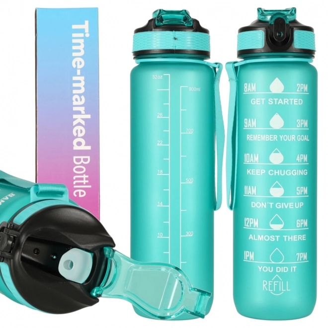 Rosa Wasserflasche mit Trinkhalm und Motivationsmarkierungen 1L – Grün