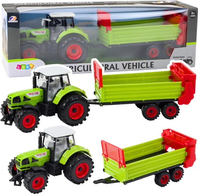 Traktor mit Anhänger, Schwungrad-Antrieb, aufklappbare Motorhaube und Türen, grün