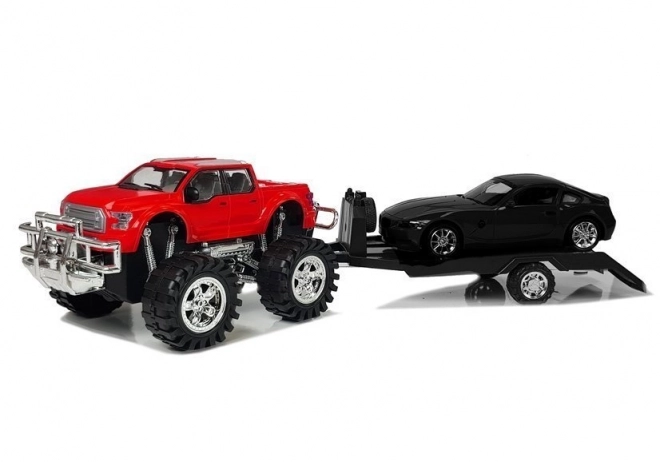 Spielzeug-Set Roter Monster Truck und Schwarzer BMW mit Anhänger