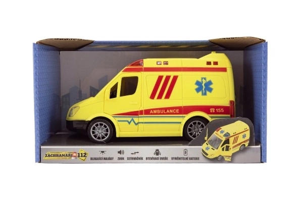 Autoambulanz Plastik 20cm mit Rückzug mit Sound und Licht in Box 26x15x12cm