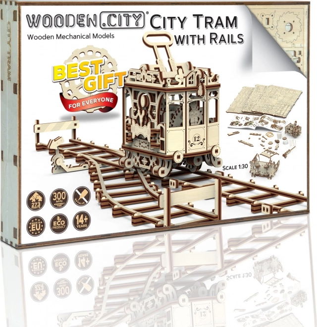 Holz Mechanisches 3D-Puzzle Stadtstraßenbahn mit Schienen