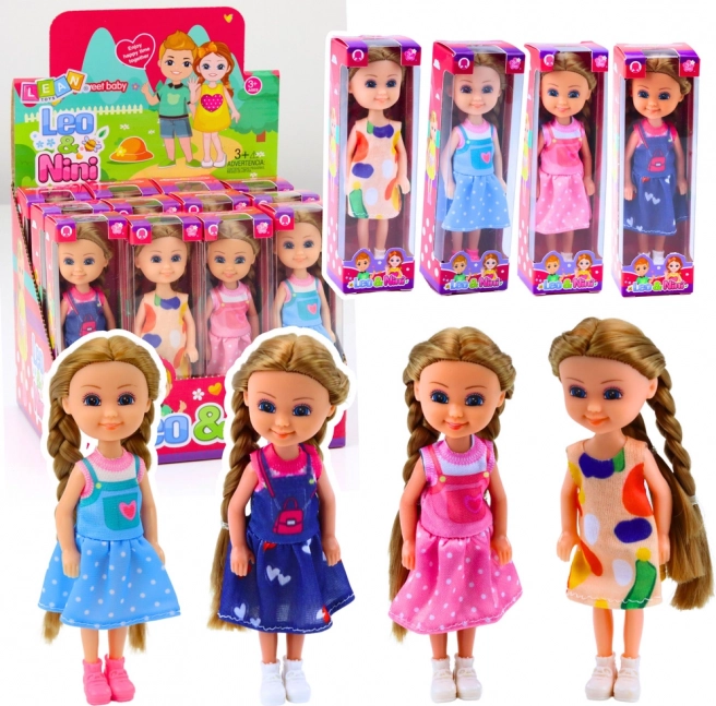 Mini-Puppe mit langen Haaren im Kleid, 15 cm