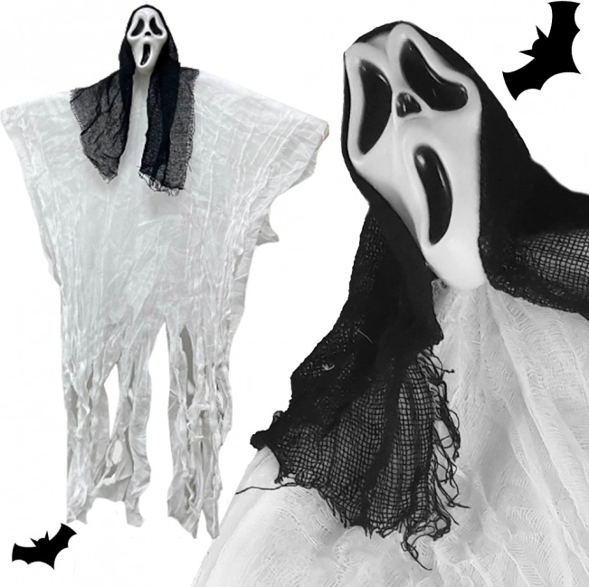 Hängender Halloween-Geist mit Kapuze und Schrei-Maske 90 cm
