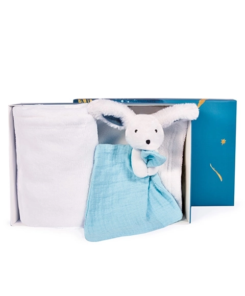 Doudou Geschenkeset Glücklicher Hase Decke und Kuscheltuch Blau