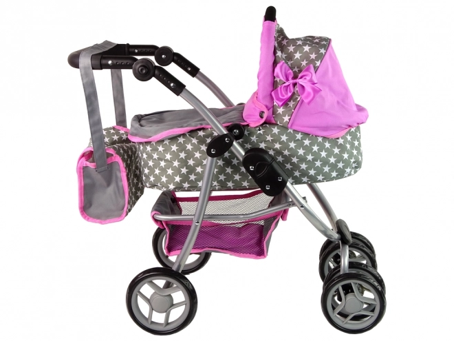 Puppenwagen 2 in 1 mit Tragetasche Rosa Sterne