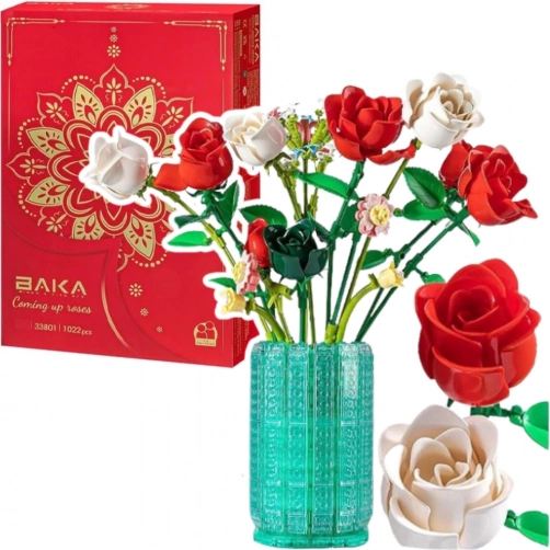 Konstruktions-Bauset Rosen in der Vase – weiß und rot, 1022 Teile