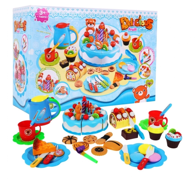 Party-Set für Kinder 3+ Rosa Kuchen mit Süßigkeiten und Interaktive Kerze 80 Teile – blau