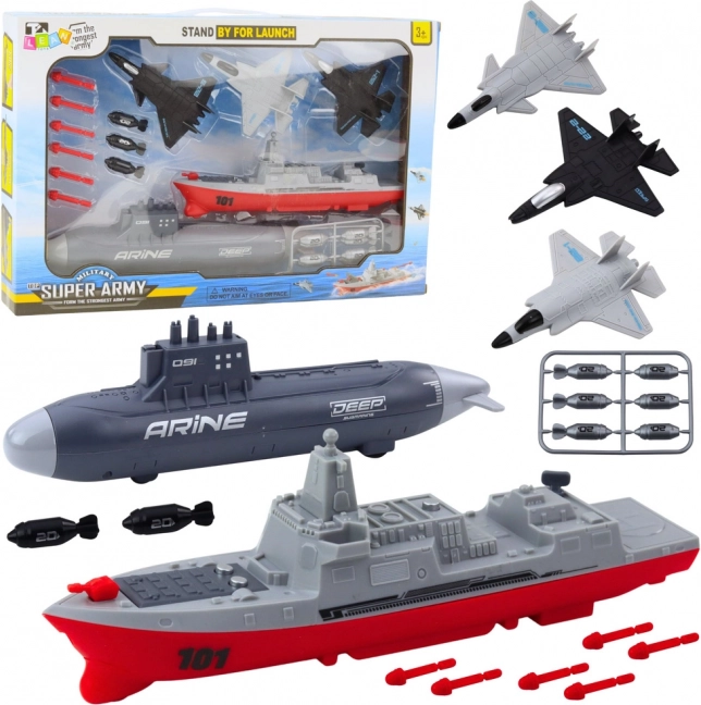 Militärset für Kinder mit Flugzeugträger, U-Boot und Kampfjets