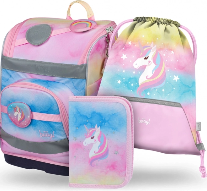 Set 3 BAAGL Zippy plus Rainbow Unicorn: Schultasche, Federmäppchen und Beutel