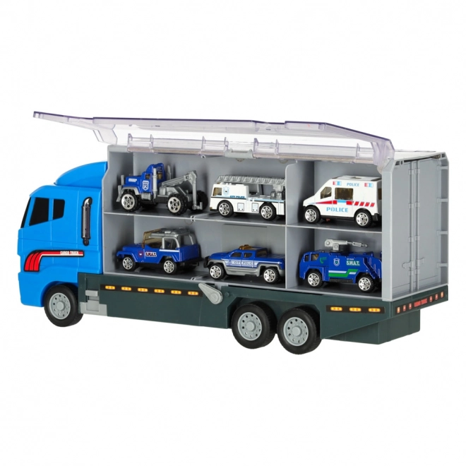 Transporter-LKW mit Abschussrampe und Polizeiautos