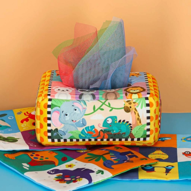 Montessori-Sensorikbox mit bunten Taschentüchern und Tierchen