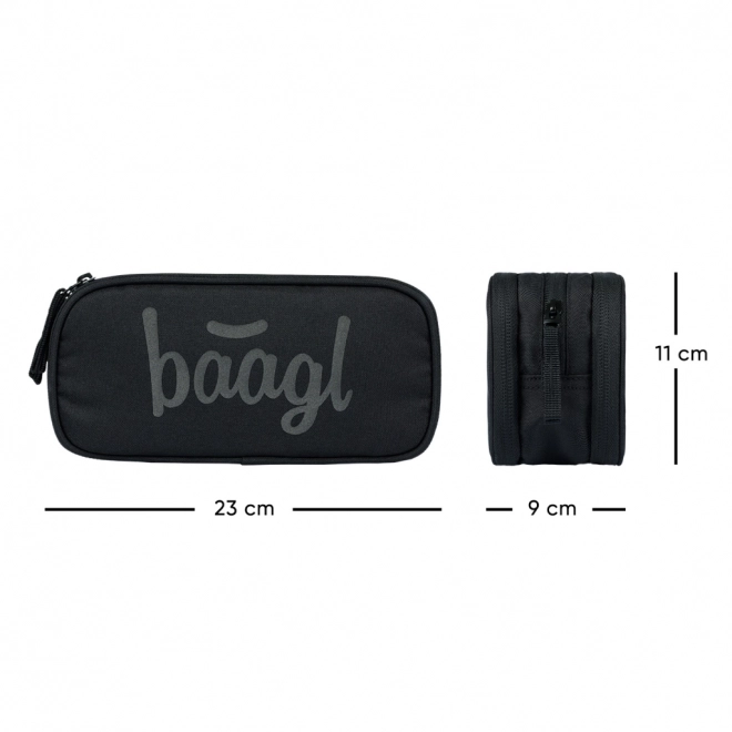 Baagl Set mit drei schwarzen Produkten: Rucksack, Federmäppchen und Beutel