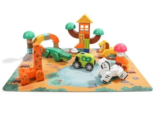 Holzbausteine und Puzzle Safari Top Bright