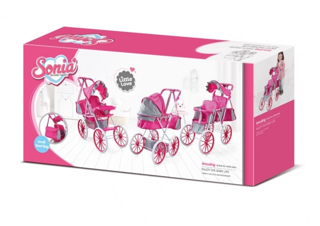 Puppenwagen Metall Rosa Großräder mit Tasche