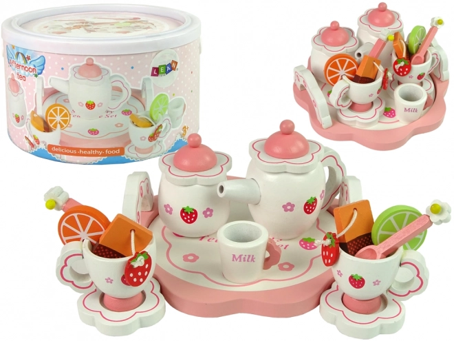 Holztee-Set für Kinder mit rosa Blumenmotiv