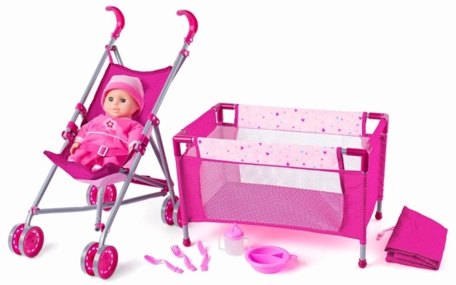 Puppe Baby mit Kinderwagen und Bettchen - 4-in-1-Spielset