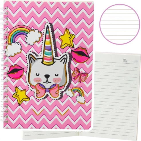 Liniertes Notizheft Katze-Einhorn mit Schleife, rosa A5, 60 Blatt