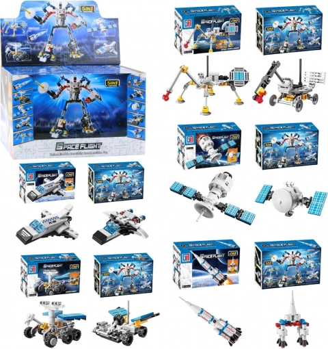 Konstruktionsset Weltraum 2-in-1 – Raketen, Antennen und Roboter (44–54 Teile)