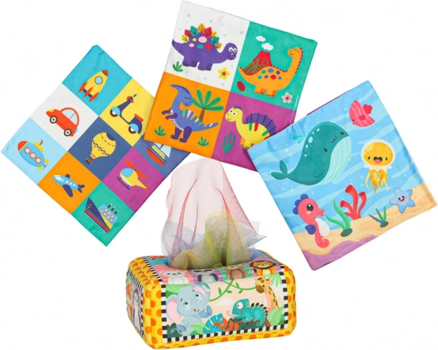Montessori-Sensorikbox mit bunten Taschentüchern und Tierchen
