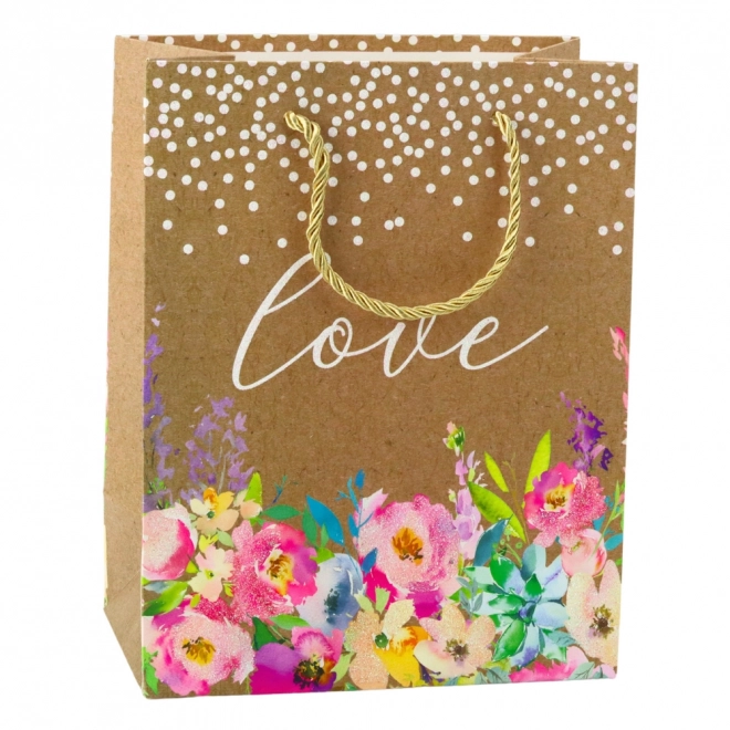 Geschenktasche mit Aufschrift Love und Blumen
