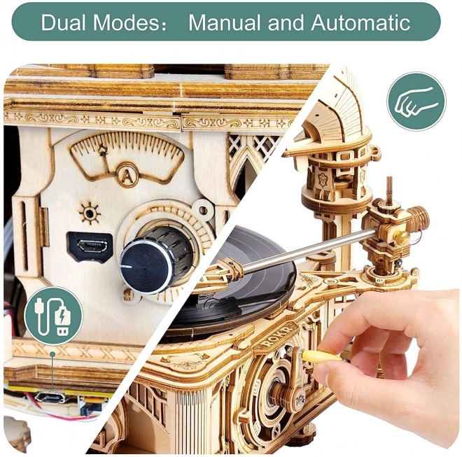 Mechanisches 3D-Holzpuzzle Grammophon mit elektrischem Antrieb von RoboTime