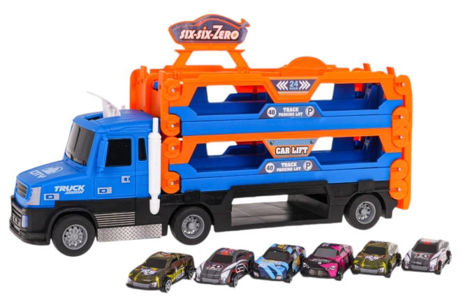 Roter 2-in-1-Lkw mit Abschussrampe und Zubehör – blau