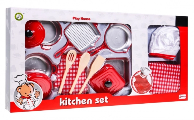 Rotes Chef-Kostüm-Set für Kinder mit Töpfen und Zubehör, 14-teilig