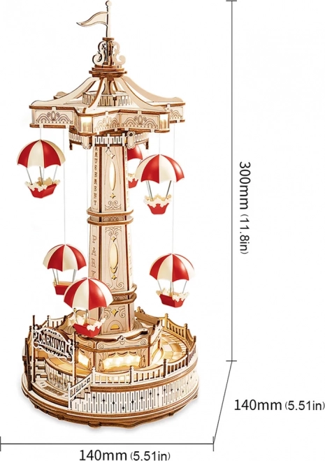 Leuchtendes 3D-Holzpuzzle Musikbox: Fallschirmturm