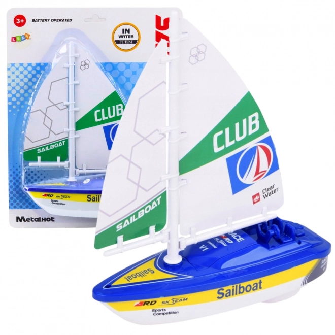Blaues batteriebetriebenes Segelboot mit Turbinenantrieb