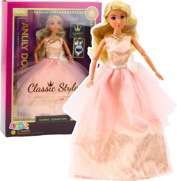 Anlily Puppe mit puderfarbenem Abendkleid, bewegliche Gliedmaßen, blonde Haare