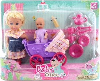 Puppe mit Kinderwagen und Zubehör