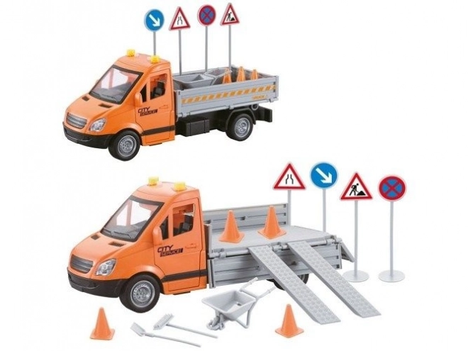 Stadtservice-Fahrzeug mit Verkehrszeichen - mit Schwungrad