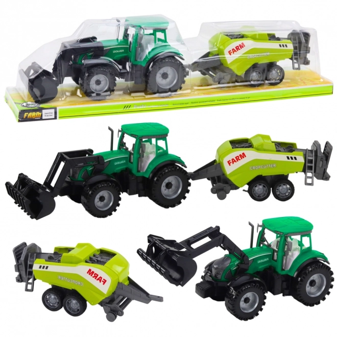 Grüner Traktor mit Lader und kompatibler Ballenpresse