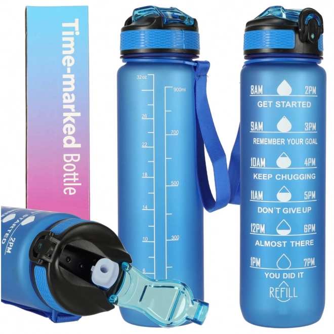 Rosa Wasserflasche mit Trinkhalm und Motivationsmarkierungen 1L – Blau