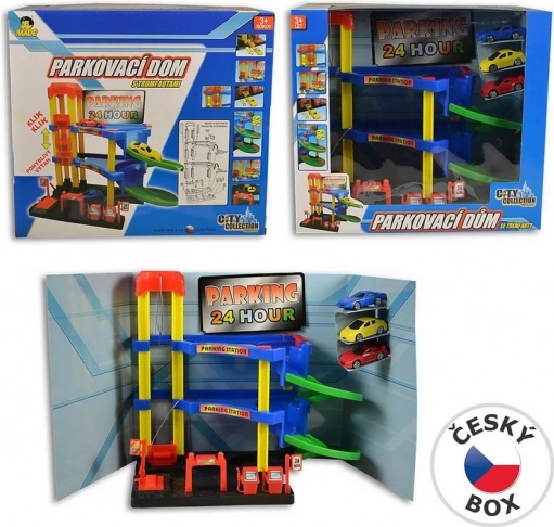 MaDe Garage mit manuellem Aufzug und 3 Autos, 29 cm