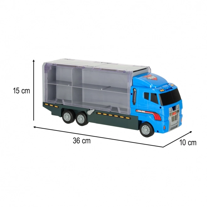 Transporter-LKW mit Abschussrampe und Polizeiautos