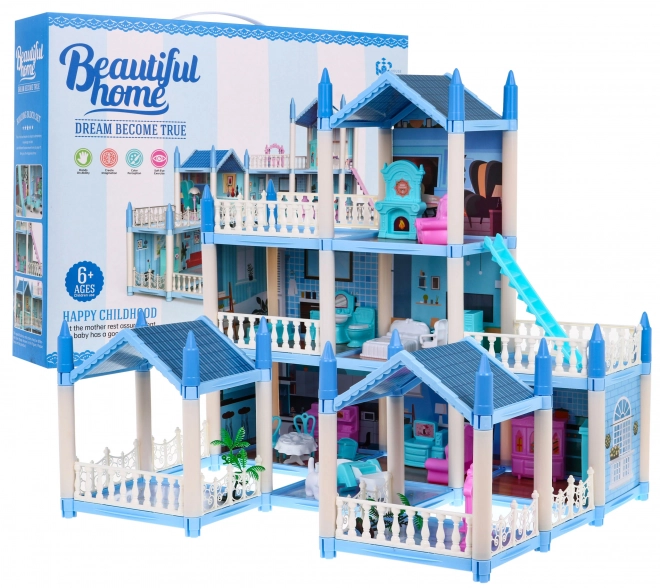 3-stöckiges Puppenhaus – Geschenk für Mädchen 6+ – Blaue Villa mit Ausstattung