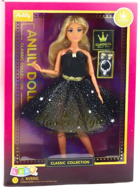 Puppe Anlily schwarz-goldenes Abendkleid, bewegliche Gliedmaßen, blonde Haare