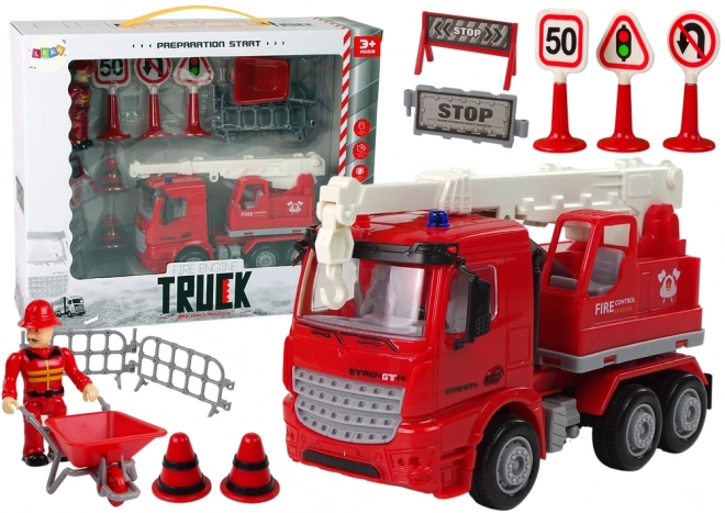 Feuerwehr-Spielset mit Kran und Verkehrsschildern