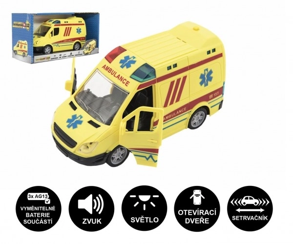 Autoambulanz Plastik 20cm mit Rückzug mit Sound und Licht in Box 26x15x12cm