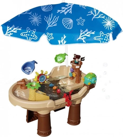 Woopie Wasser-Spieltisch 2-in-1 Piratenschiff mit XL-Sonnenschirm und Seifenblasenmaschine