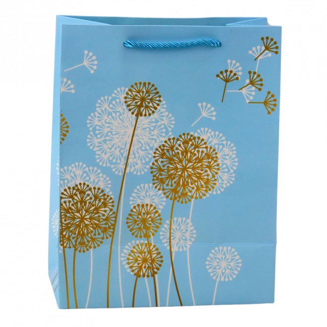 Geschenktasche mit Löwenzahnmotiv und goldenen Akzenten