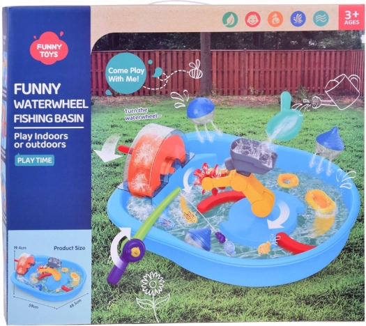 Blauer Wassertisch mit Mühlrad und Angelzubehör